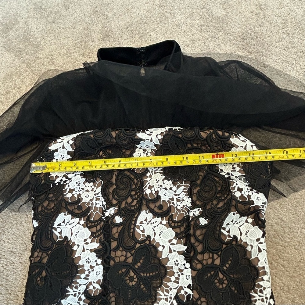 Self-portrait black white floral vine mini dress mesh tulle short sleeve crochet - Picture 9 of 16